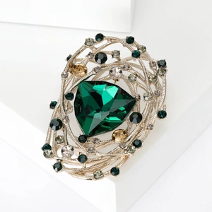 Vintage bird nest brooch with emerald green triangle crystal and rhinestones