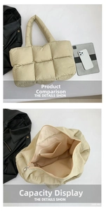 Internal view of beige quilted puffer tote bag showing spacious capacity and inner pockets