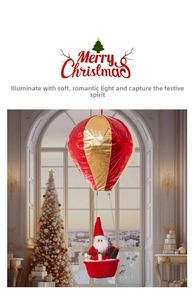 Detail of Christmas hot air balloon with Santa Claus doll and gift boxes for festive decor