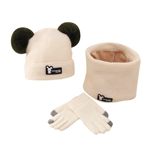 Beige winter knit set with double pompom hat, scarf and gloves for kids warmth