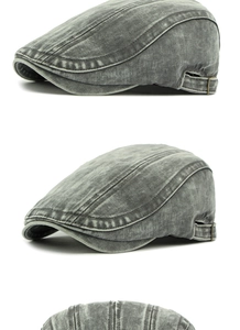 Detail of grey washed denim ivy cap showing herringbone texture and adjustable metal buckle