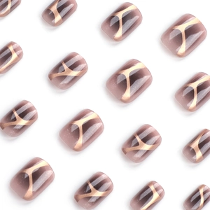 Short square glitter press-on nails in smoky purple with gold abstract lines