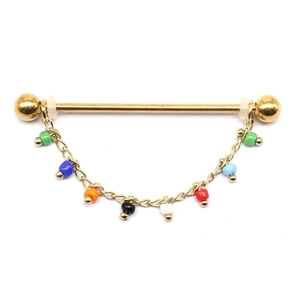 Golden industrial barbell earring with a colorful beaded chain featuring vibrant multi-colored charms
