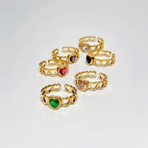 Heart Zircon Ring 18K Gold Plated Stainless Steel Hollow Heart Band Adjustable Open Ring Fashion Jewelry For Women