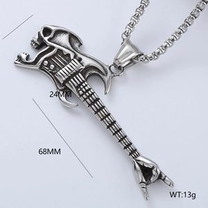 Silver stainless steel guitar pendant necklace featuring skull and metal rock hand design