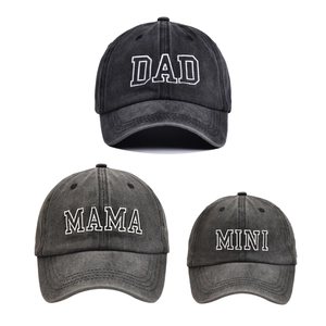 Three-piece washed cotton baseball cap set with DAD, MAMA, and MINI embroidery