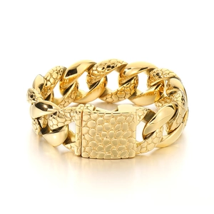 25mm gold Cuban chain bracelet for men with textured stone pattern in stainless steel