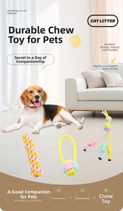 Macro shot of durable cotton rope dog chew toys with various knots for dental health