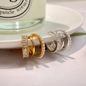 Three-layer pearl and zircon ear cuff set in gold and silver finish for women