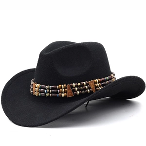 Chapeau Cowboy Occidental Polyester Large Bord Perle Ethnique Rétro Fedora Voyage Extérieur Solaire Hommes Femmes