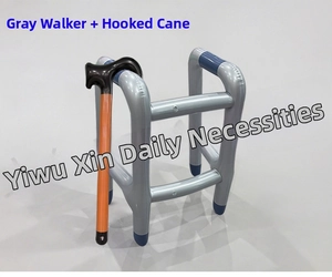 Detailed view of inflatable silver walker and orange cane party props made of PVC
