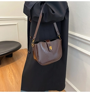 Close-up of a vintage dark brown saddle bag featuring glossy leather and a golden buckle