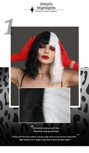 Detail view of Cruella cosplay wig featuring black and white split with realistic scalp base