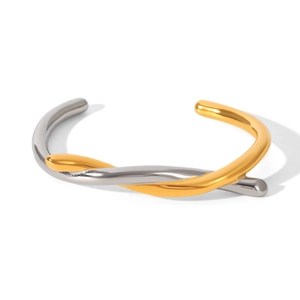 Two-tone gold and silver stainless steel twisted knot open cuff bracelet for women