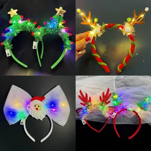 LED Christmas Headband Glowing Antler Reindeer Santa Snowman Tinsel Glowing Hair Hoop Party Costume Accessory For Kids Adults