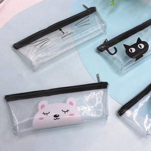 Transparent PVC pencil case with cute cartoon cat patterns and a black zipper closure