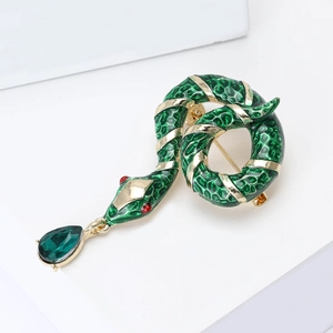 Exquisite alloy enamel green snake brooch with gold stripes and teardrop gem pendant