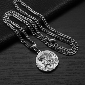 Vintage silver stainless steel Ecce Homo medallion necklace with heavy Cuban chain links