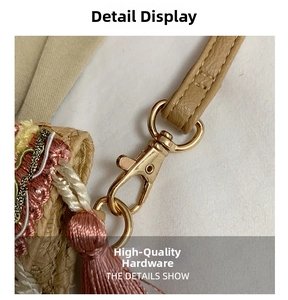 Detail view of woven straw bag featuring golden metal clasp and colorful tassel decor