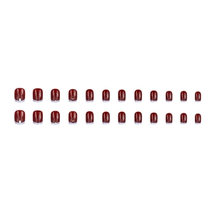 Short wine red French press-on nails with elegant silver tip borders 24pcs set
