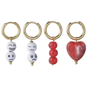 Boucles D'oreilles Créoles En Acier Inoxydable Avec Künstliche Perles Et Pendentifs Cœur Émoticône Style Géométrique