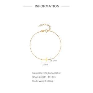 Detail showing 925 sterling silver gold cross bracelet size and product specifications