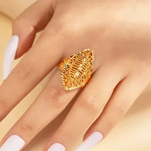 Gold plated filigree hollow ring with ethnic vintage floral pattern for women