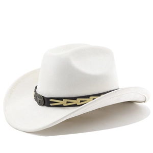Detail of white suede cowboy hat featuring black leather band and metal bull head emblem