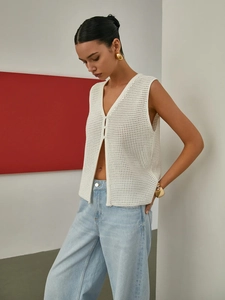 French style white hollow knit vest top with V-neck and button closure for women
