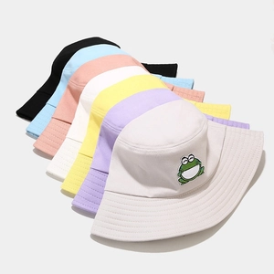 Multiple colors of cute frog embroidery bucket hats for sun protection and outdoor use