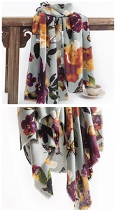 Detailed view of floral and butterfly print on soft gray-blue cashmere-feel warm scarf