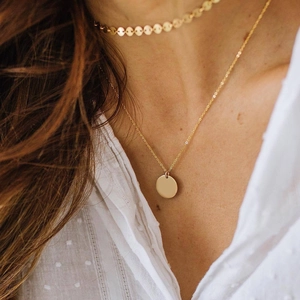 Minimalist double layer gold plated stainless steel necklace with round disc pendant