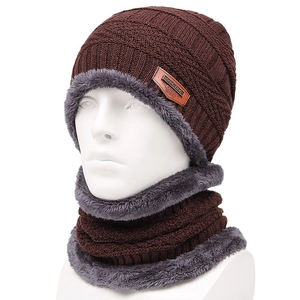 Deep brown winter knit hat and neck warmer set with thick faux fur lining for women