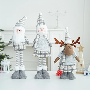 Plush grey Christmas dolls set featuring Santa, Snowman and Reindeer with telescopic legs