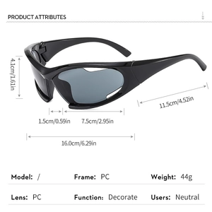 Detailed view of futuristic Y2K sports sunglasses with PC frame and specific dimensions