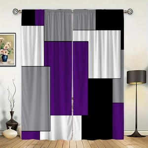 Detail of modern geometric color block polyester curtains in purple, black and grey