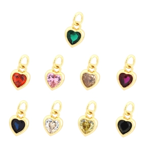 Gold heart pendants set with colorful faceted zircons in nine various vibrant shades
