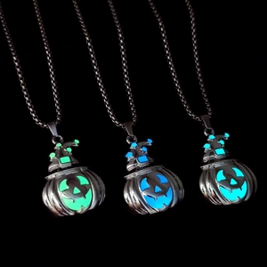 Luminous Halloween pumpkin ghost necklace with wizard hat in blue, green and cyan glow