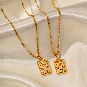 18K gold plated stainless steel necklace with a butterfly paved square pendant