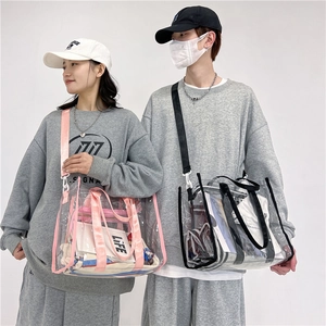 Transparent PVC shoulder bags in pink and black trim with adjustable straps for women