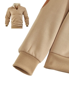 Detail of khaki fleece sweatshirt showing sherpa lining and ribbed elastic cuffs