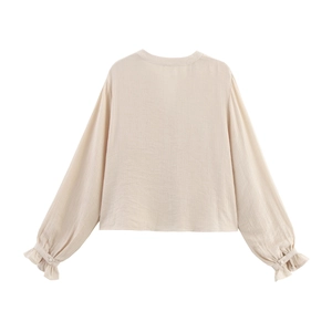 Women's apricot long sleeve blouse with pleated fabric and ruffle cuffs in flat back view