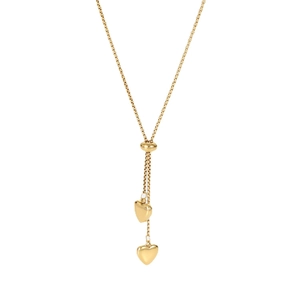 Collana a Y in acciaio al titanio placcato oro 14K con due ciondoli a cuore e chiusura a scatto