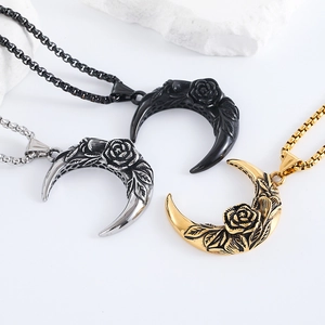Gothic crescent moon rose necklaces in black, silver and gold stainless steel finish