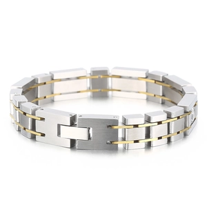 Industrial two-tone silver and gold brushed metal link bracelet for men with geometric design