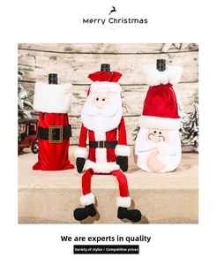 Detailed view of red velvet Christmas wine bottle covers with Santa motifs and fur trim
