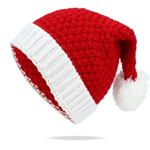 Classic red and white chunky knit Santa hat with white pompom for Christmas and Halloween