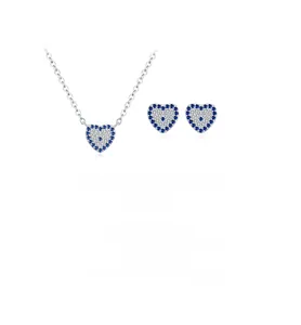 Macro detail of S925 silver heart jewelry set with blue zircon devil eye design
