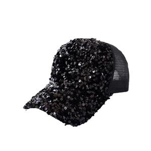 Fashionable black sequin baseball cap with breathable mesh back and large sun visor