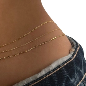 Three-piece gold-tone layered metal waist chain set with sequins for women's fashion